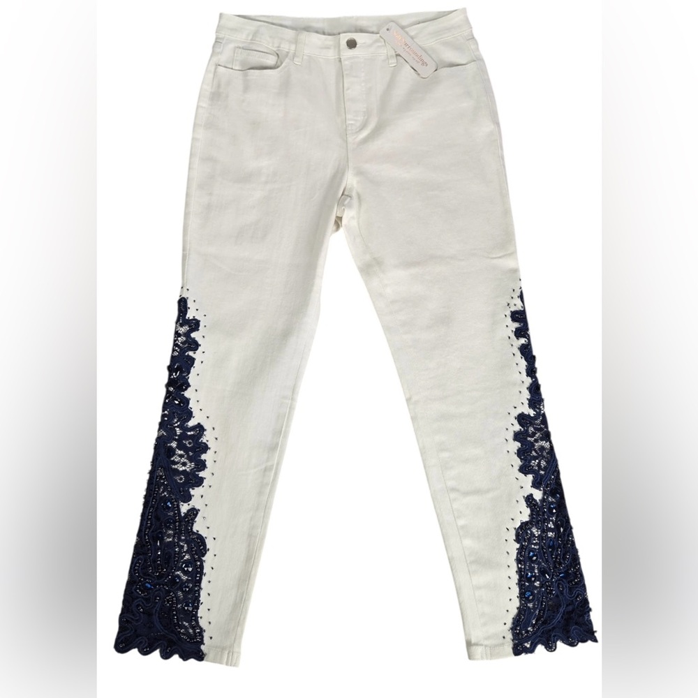 Soft Surroundings White Jeans with Navy Lace & Adornments NWT💕